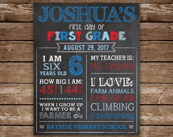 First Day of School Chalkboard poster for Boy, PRINTABLE First Day of School Sign, First Grade, Preschool, Kindergarten