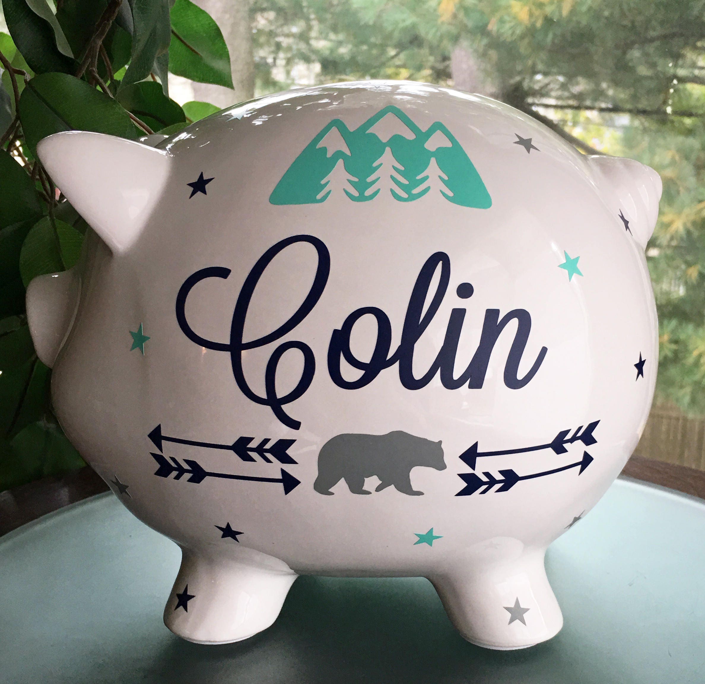 Personalized Piggy Bank Mountain Bear & Arrow Piggy Bank