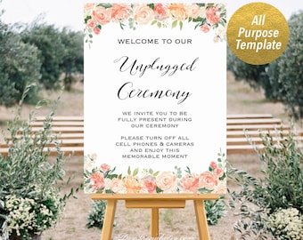 Peach and Crean Floral All Purpose Welcome Sign Templates, Printable Unplugged Ceremony Sign, Large Poster, DIY PDF Instant Download #106