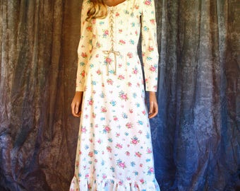 Vintage 1970s Prairie Maxi Dress Corset Bib Hippie Festival Boho Gunne Sax Style XS