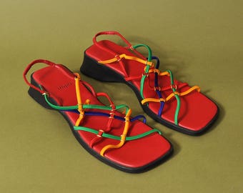90s Strappy Sandals, Vintage 90s Shoes, Colorful Slip On Shoes, Gladiator Sandals, Slingback Sandals, Vibrant 90s Sandals, Womens US Size 7