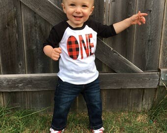 ONE Red Buffalo Plaid TShirt or Raglan - First Birthday - Smash Cake Outfit - Lumberjack Birthday - Buffalo Plaid - ONE