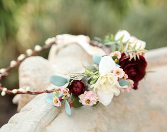 Ready to ship! Burgundy ivory blush pink flower crown,Side Flower headband, wedding flower crown, bridal flower crown, bohemian crown