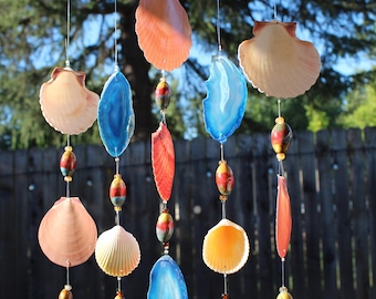 Driftwood Seashell Wind Chimes, Handmade Wind Chimes, Wind Chimes, Agate Wind Chime, Beach House Decor, Outdoor Mobile, Housewarming Gift