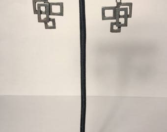 Vintage Silver Geometric Square and Rectangle Dangle Earrings with Lever Closure