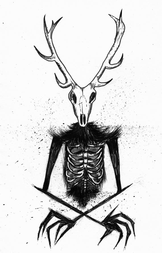 Wendigo Art Print Ink Illustration Horror Demon Stag Skull