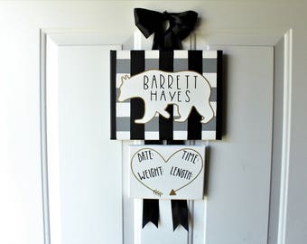 Hospital Door Hanger Sign - Plaid Nursery - Bear Canvas - Baby Stats Keepsake - Newborn Wall Hanging - Bow Decor - Ribbon Hanger Sign
