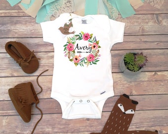 Baby Name Onesie®, Custom Onesie, Boho Baby Clothes, Baby Girl Clothes, Custom Baby Gift, Baby Shower Gift,Personalized Onesie,Floral Wreath