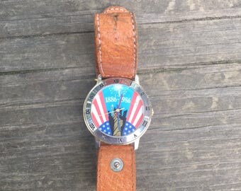 Vintage 1986 80s Statue Of Liberty 100th Anniversary USA New York V Watch Collectible Works New Battery Leather Band