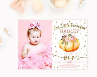 Pumpkin Invitation, Pumpkin first birthday invitation, pink and orange pumpkin invitations, pumpkin photo invitations, pumpkin 1st birthday