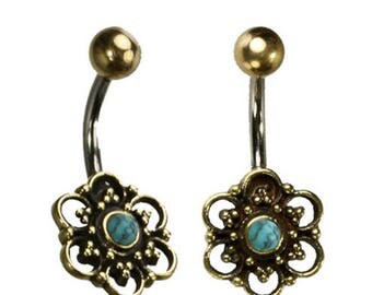 Piercing nombril bague du ventre en acier chirurgical / Brass and 316L steel Navel Bars with turquoise.