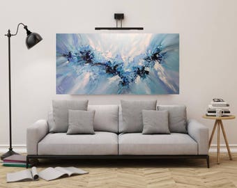 Large Abstract Original Painting, Blue Wall Art Canvas, Palette Knife Art, Impasto Textured Painting, Modern Contemporary Water Art, 48x24