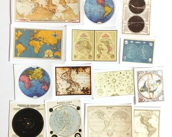 14 Pcs Vintage Map Sticker, Ancient Maps Sticker Flakes, Globe Filofax Stickers, Orbit stickers, Travel Journal, Routes, Around the World