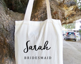 Custom Name Tote Bag, Personalized Bridesmaid Tote Bag, White and Floral Canvas Tote Bag, Bridal Party Gift Bags, Wedding Tote Bags, Rustic