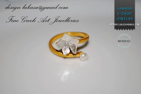 Freshwater Pearl Flower Ring Sterling Silver Gold plated Handmade Jewelry Best Gift Ideas Floral Design Love Anniversary Woman Girlfriend