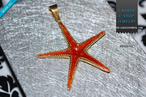 Sea Star Sterling Silver Goldplated Pendant Red Enamel Jewelry Love Woman Unisex Men Marine Hope Freedom Sea Summer Greece Seestern Starfish