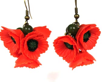 Red Poppy earrings, Poppy Jewelry, Red Flower earrings, Red earrings,Floral Jewelry,Gift for Women,Handmade floral jewelry, Poppies earrings