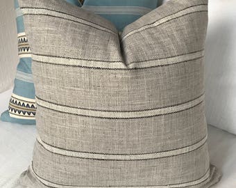 Gray Throw Pillow in Black & Cream Stripe Pattern w/ Brass Zipper