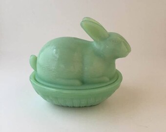 Green Milk Glass Jadeite Rabbit On Basket Dish
