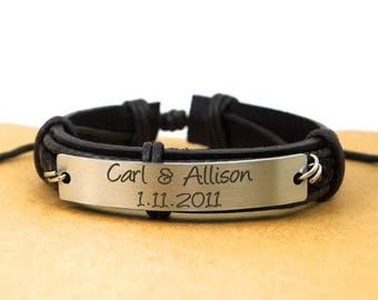 Custom Mens Leather Bracelet, Men's Personalized leather Bracelet, Engraved Bracelet, Genuine Leather Cuff, Wedding Date Bracelet,