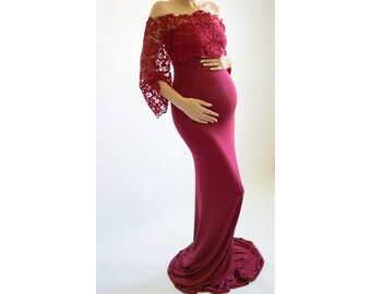 JULIA GOWN- Baby Shower Dress, Maxi Maternity Dress, Lace Maternity Gown, Maternity Photoshoot Prop, Long-Sleeve Maternity Gown, 2-Piece Set
