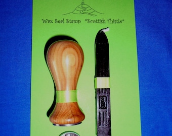 Scottish Thistle Wax Seal Stamp with a Yew Handle & a Black Wax Sealing Stick. Seals/Handfasting/Wedding Invitations/Envelopes/Letters/Cards