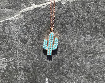 Cactus Necklace, Desert Necklace, Charm Necklace, Turquoise Necklace, Gold Necklace, Pendant Necklace, Turquoise Rhinestone Necklace