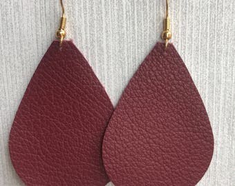 Maroon - Leather Teardrop Earrings