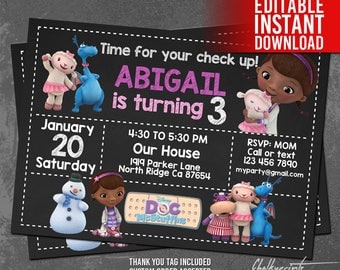 Doc McStuffins Invitation Instant Download, Doc McStuffins Birthday Invitation, Doc McStuffins Invites, Thank You Tag, Editable PDF Template