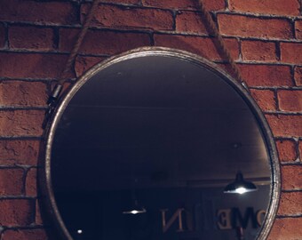 Industrial Large Round Mirror with Metal Frame and Rope Hanger Great Rustic Nautical Design