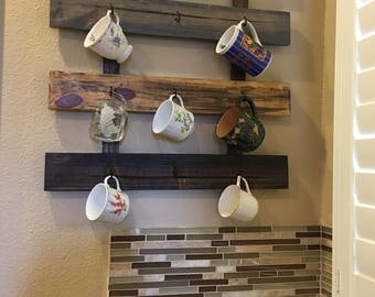 Rustic, farmhouse style 9 cup coffee mug rack, tea cup rack, coffee mug holder, wall mounted coffee mug rack, barn wood style rack