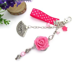 Bag charm or mirror of car pink cold porcelain (fimo), fan, beads, butterfly, polka dots Ribbon