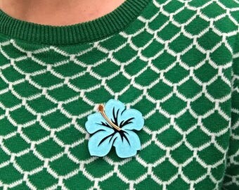 Hibiscus Glitter Brooche Tropical Blue Plastic Acrylic Tiki Retro Rockabilly Pin Flower