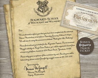 Harry Potter Birthday Party Invitation - Acceptance Letter, Hogwarts train ticket - Printable Digital File