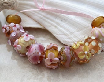 Elizabeth Creations PEACH N CREAM artisan lampwork handmade glass beads Sra