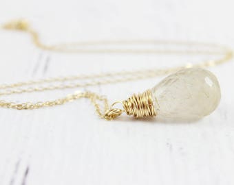 Golden Rutilated Quartz Necklace, Gold Fill Necklace, Wire Wrap Necklace, Gold Gemstone Necklace, Pendant Drop Necklace, Simple Necklace