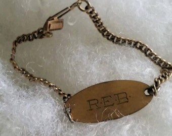 R E B Monogram Bracelet or Bottle Tag, Gemex gold filled, unique hook closure, 7 inch, estate novelty mystery vintage jewelry