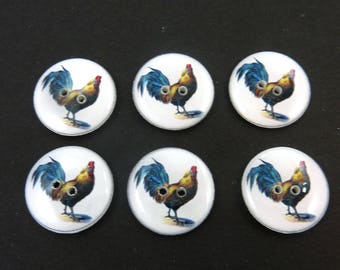 6 Rooster Buttons. Handmade buttons. 3/4" or 20 mm.