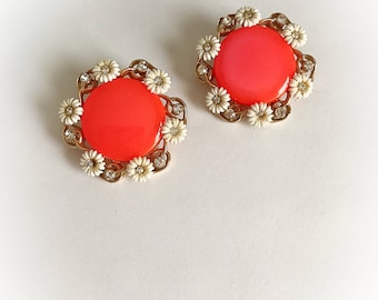 Vintage Mod Moonglow Lucite Neon Orange Earrings with Flower Rhinestone Frame Clip On