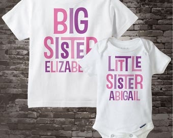 Big Sister Little Sister Outfits Shirt set of 2, Sibling Shirt, Personalized Tshirt with Pink and Purple Letters 12082011d