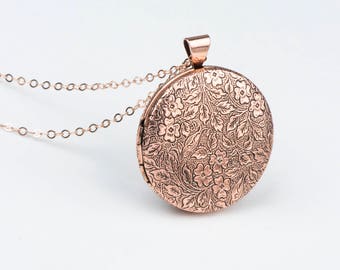 Floral Rose Gold Locket Necklace, Picture Locket, Paisley Pink Flower Jewelry, Rose Gold Wedding Locket, Picture Memento Necklace