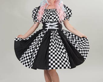 Harlequin Dress Womens Halloween Costume Circus Clown Mardi Gras Dress Adult Costume Black and White Check Checkered Custom Size Plus