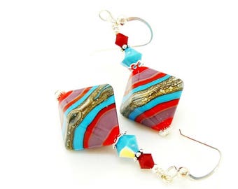 Red Purple Turquoise Blue Earrings, Lampwork Earrings, Glass Earrings, Glass Bead Earrings, Beadwork Earrings, Unique Earrings