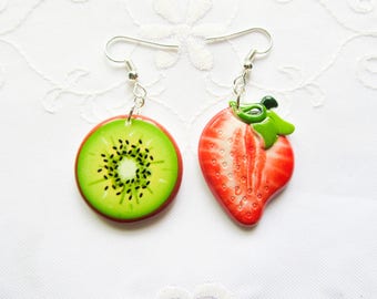 Strawberry Kiwi Earrings / Fruit Earrings / Kawaii / Summer / Cute Earrings/ Fun / Mismatched / Earrings
