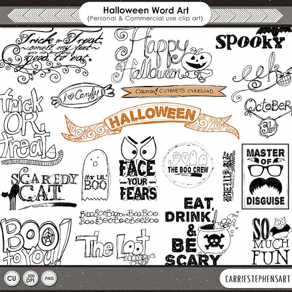 Halloween Word Art Quotes, Halloween Clip Art, Spooky Scrapbooking Title clipart, Hand Drawn Digital Stamps, Candy, Ghost, Black Cat Il_570xn