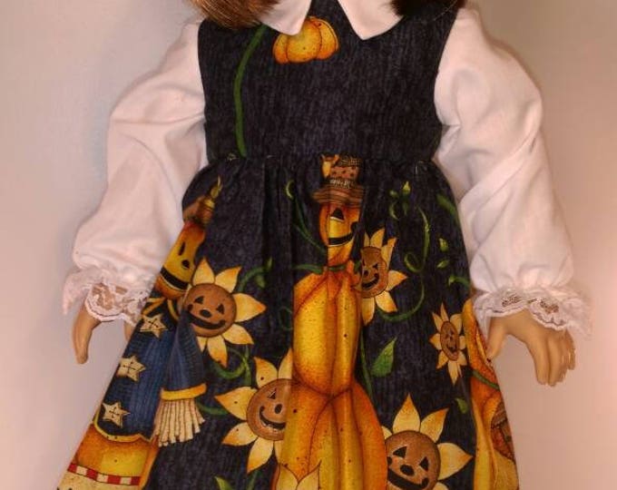 Fall blue sleeveless doll dress with pumpkins and scarecrows with blouse fits 18 inch dolls