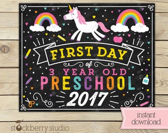 Unicorn First Day of 3 Year Old Preschool Sign - Girl First Day of Preschool Sign - First Day of School Sign Printable - Instant Download