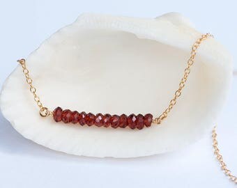Delicate Garnet Necklace, January Birthstone, Bridesmaid Gift, Gemstone Bar Necklace, Layering Necklace, Rose Gold, Sterling Silver, Simple
