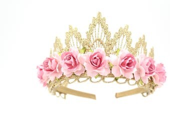 NEW gold lace TIARA with 2 tone pink roses || Flower girl or Bridesmaid crown|| Sienna
