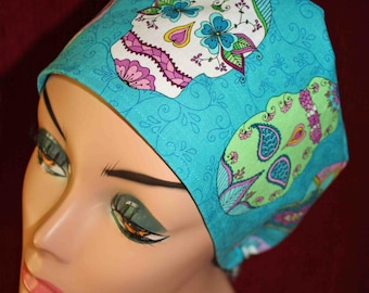 Turquoise Sugar Skulls Surgical Cap (biker/chemo/surgical)